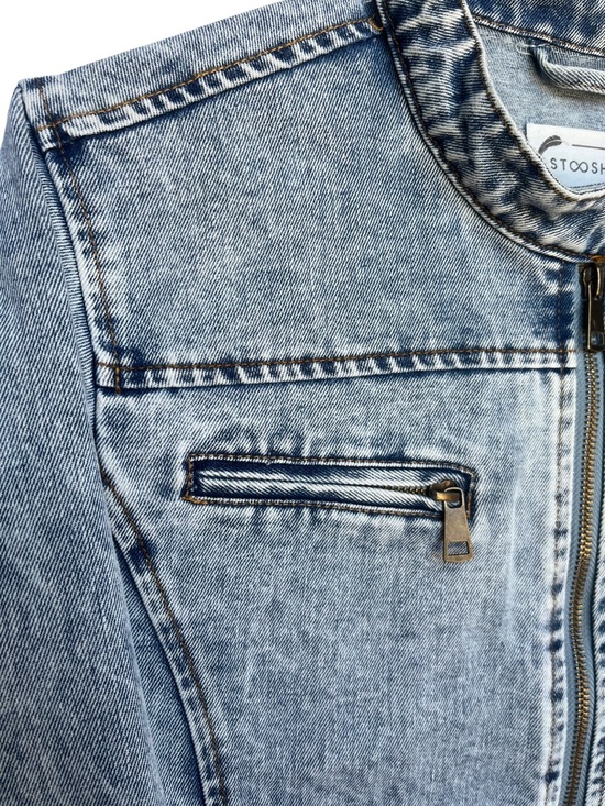 Cropped Acid Wash Denim Moto Jacket Blue L 100% Cotton - Picture 5 of 9